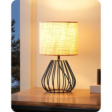 Lampe Table Industrielle Socle Métal Grille Beige et Noir Douille E14 Blanc Chaud 2700 K Abat Jour en Lin Vintage Pied Métal Noir pour Chambre 40 W (1/4)