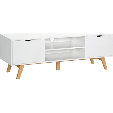 Meuble TV 65 pouces, avec 2 placards, 2 étagères ouvertes et pieds en bois, 150 x 39 x 50 cm, blanc