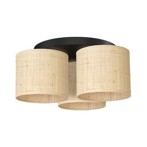 Plafonnier rond noir 3 abats rotin crème E27 Luminex