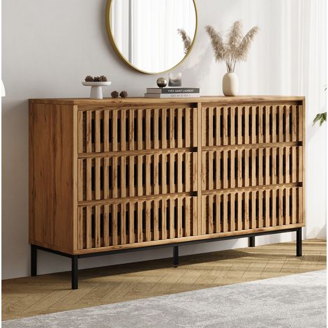 Aparador de almacenamiento 120x40x81 cm con 6 cajones, diseño de rejilla, 5 patas, tablero estable, madera natural MDF y tablero de partículas (1/5)
