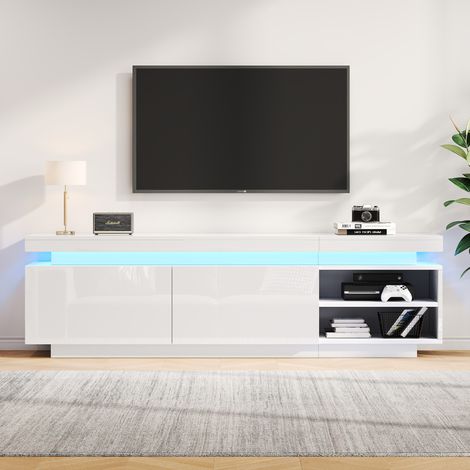 Meuble TV lumineux haut brillance 170 x 35 x 50 cm pour TV jusqu'à 70 pouces blanc DESVIAE (1/5)