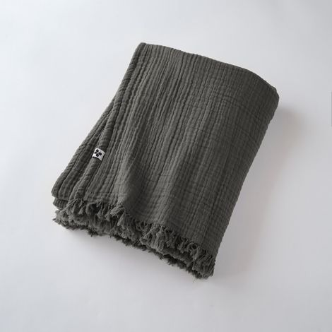 Plaid à franges "Gaïa" toutes dimensions "Gaze de Coton" - Gaïa Granit - 180 x 220 cm - Gaia Granit -