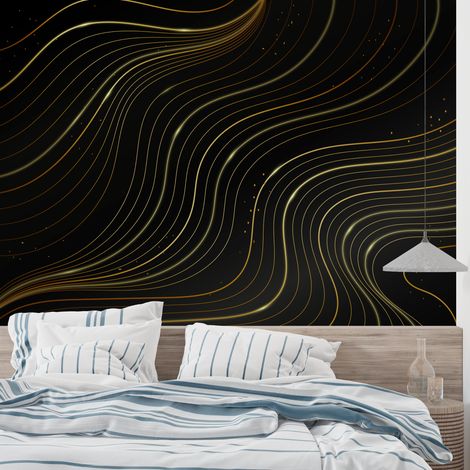Papier Peint Géométrique - Ondulations Lumineuses en Or - 150 x 250 cm (1/2)