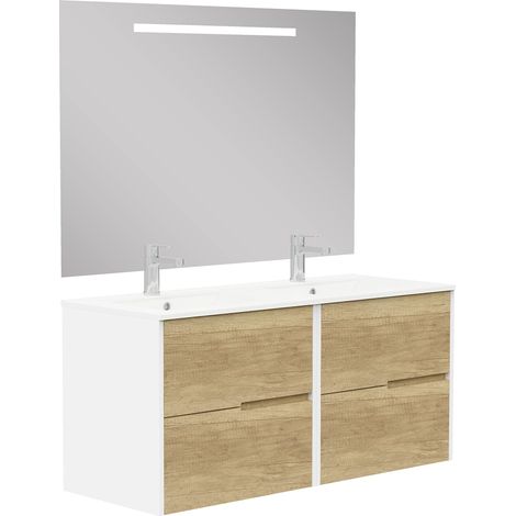 Meuble de Salle de Bain, 2 tiroirs, Suspendu au Mur, avec lavabo en céramique, différentes Finitions, livré monté, avec Miroir 120 cm Nature (1/5)