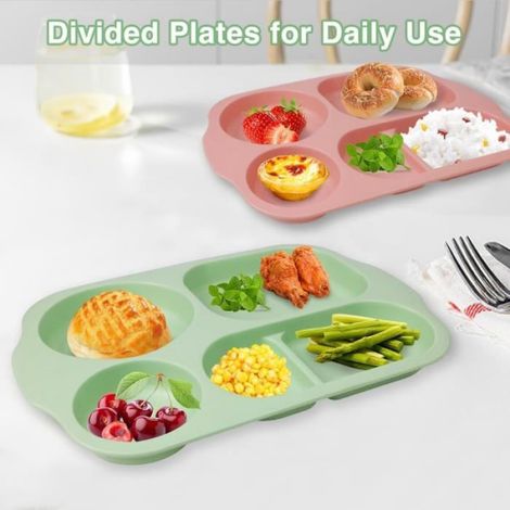 Assiettes 5 Compartiments pour Les Adultes et Enfants, Lot de 4 Assiette Plastique Reutilisable et Incassables,sans BPA,Passe au (1/4)