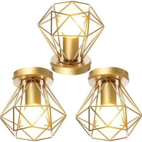 (3X) Plafonnier Rétro Lampe De Plafond D'Intérieur Vintage Or Luminaire Plafonnier Cage En Fer Métallique, Pour Cuisine, Bureau (1/5)