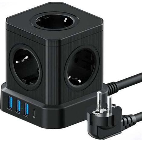 9-in-1-Würfelsteckdosenleiste mit USB, 5 EU-Steckdosen, 3 USB-A-Anschlüssen und 1 USB-C-Anschluss, 4000 W, mit Schalter und 2 m Verlängerungskabel