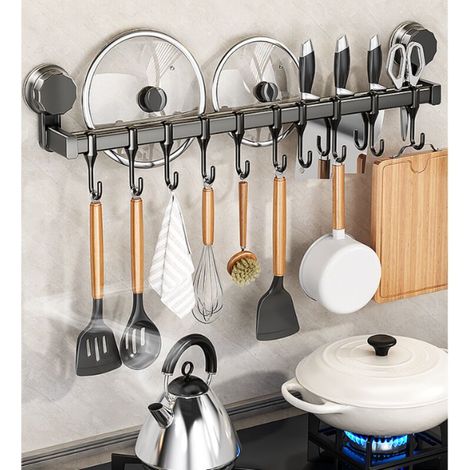 Barre de Rangement Murale 50 cm avec Ventouses – Support Amovible sans Percage pour Cuisine, Balcon, Vestiaire – Organisateur Gain de Place, Gris
