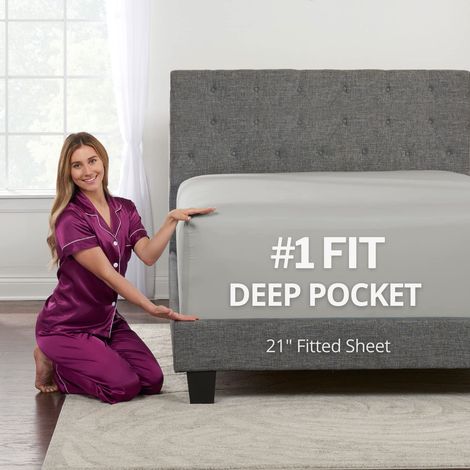 Drap-housse à poches profondes pour très grand lit de 43,2 à 53,3 cm + drap-housse uniquement – Drap-housse pour très grand lit avec poches profondes pour matelas à plateau-oreiller – Drap-housse gris (1/5)