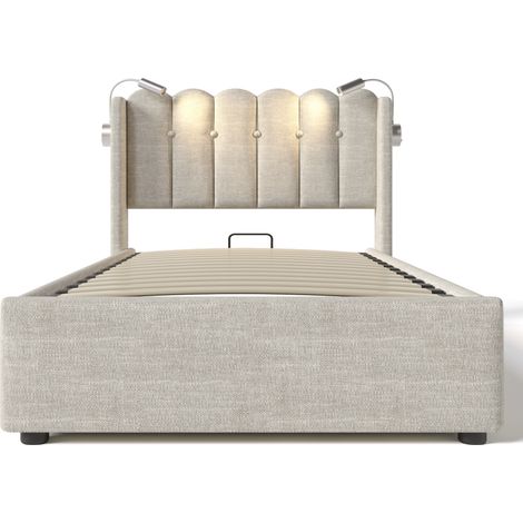 Lit rembourré simple avec lampe de lecture et fonction de charge, tête de lit avec rangement, cadre de lit en lin, lit jeunesse 90x200 avec sommier à lattes, naturel (sans matelas) (1/5)