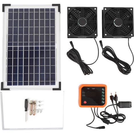 Kit de ventilation solaire avec panneau solaire 10W, double ventilateur, batterie 4400mAh et contrôleur pour serre et abri de jardin. (1/5)