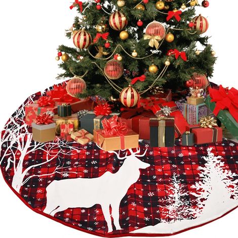 Tapis de sapin de Noël de 122 cm (48 pouces) à carreaux rouges et noirs, orné de cerfs et de flocons de neige. Joyeux Noël et Nouvel An (1/3)