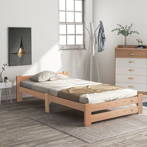 Solide lit en bois massif Lit futon en bois massif naturel Lit en avec tête de lit et sommier à lattes , naturel (200x90cm) (1/5)