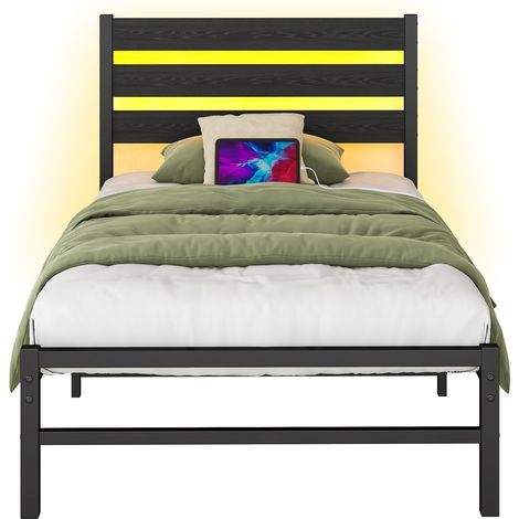 Cama de metal 90x200 cm con cabecero, LED y estación de carga USB, negro (1/5)