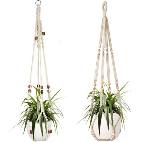 Deux paniers suspendus en corde de coton blanc pour plantes d'intérieur, de 98 cm chacun, ornés de perles en bois. Crochets non inclus. (1/5)