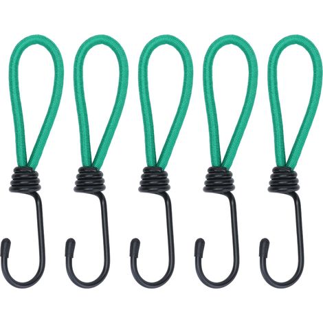 Lot de 5 crochets multifonctionnels portables en corde élastique verte pour la fixation de tentes et auvents de camping. (1/5)