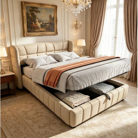 Letto imbottito moderno 140x200 cm con testiera, vano contenitore a sollevamento, tessuto beige, rete a doghe (1/5)