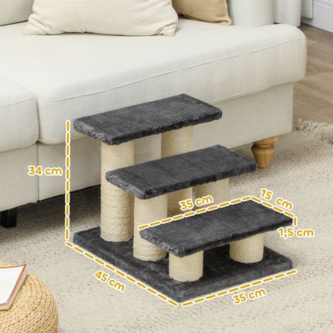 Hundetreppe 3 Stufen 34 cm Hoch Haustiertreppe für Hunde Katze Katzentreppe mit Kratzstamm Hunderampe Einstiegshilfe für Bett, Sofa, Couch Dunkelgrau (1/5)