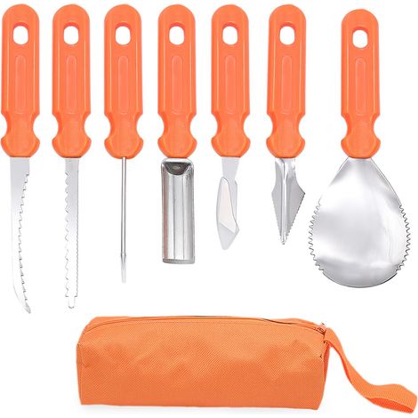 Kit de sculpture de citrouilles d'Halloween, 7 pièces, outils en acier inoxydable et étui de transport en tissu Oxford, idéal pour les enfants et les adultes. Décoration d'Halloween à faire soi-même.