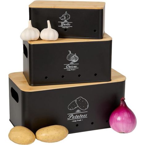Ensemble de 3 boîtes de rangement pour légumes - Bac à pommes de terre - Boîtes de rangement - Boîtes de rangement avec couvercle - Boîtes de conservation pour la cuisine - Acier au carbone - Noir (1/5)