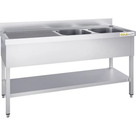 Plonge inox 1400x700mm avec 2 bacs à droite et égouttoir à gauche PREMIUM - GOLDINOX (1/4)