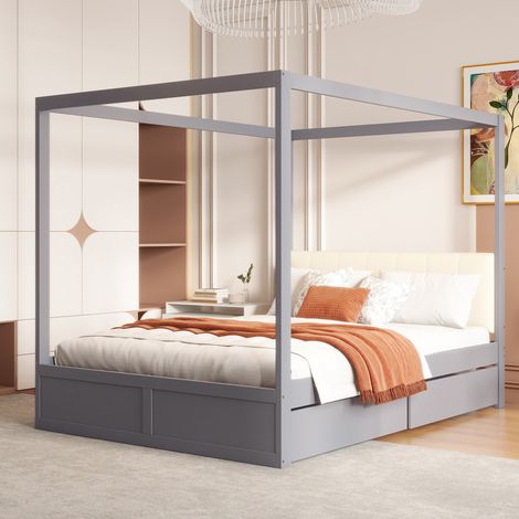 Zeltbett 140/200 cm grau aus Holz mit 2 Schubladen und gepolsterter Rückenlehne (1/5)