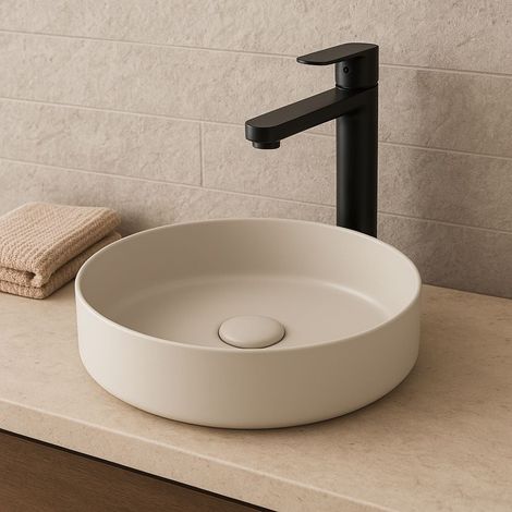 Signature Olmec Round Countertop Basin with Unslotted Waste 360mm Wide 0 Tap Hole - Matt Latte (1/4)