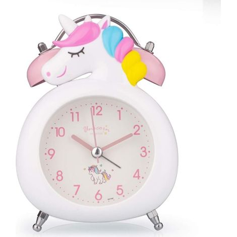 Réveil pour enfants horloge silencieuse avec veilleuse et alarme forte à Pôles mignon licorne double cloches horloge (blanc)-Fei Yu (1/4)