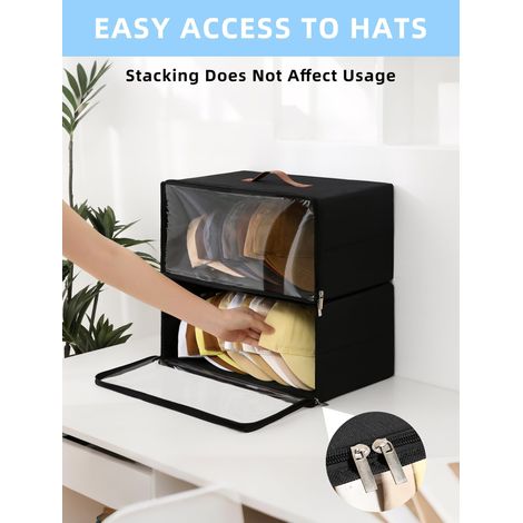Ensemble de 2 boîtes de rangement pour casquettes avec ouverture frontale, empilables et robustes, avec fenêtre transparente, permettant un gain de place dans un placard et pouvant contenir jusqu'à 30 (1/4)