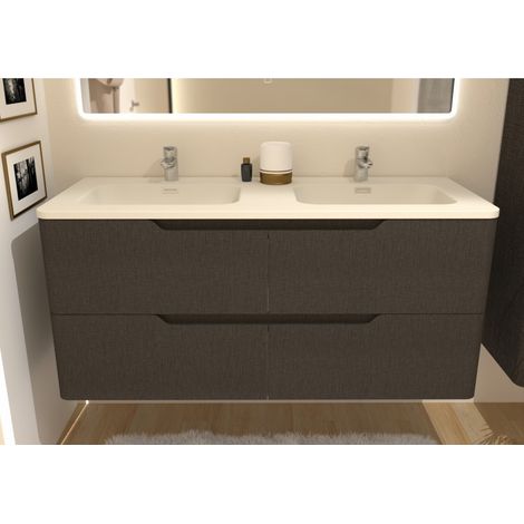 Sanitaire – Meuble double vasque tissé gris 120 cm – Plan vasque en résine synthétique – 2 tiroirs avec fermeture amortie – Meuble livré monté (1/5)