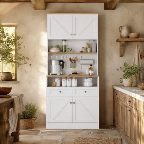 Aparador con 2 cajones, 4 puertas y panel perforado, 80 x 40 x 175 cm, blanco/natural HAVRYA (1/5)