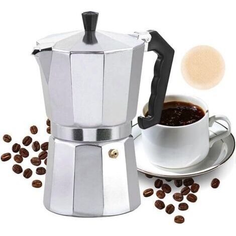 Moka Pot, Cafetiere Italienne 6 Tasses, Cafetières Italiennes Espresso, Cafetiere Moka Italienne, pour Plaques Gaz et Vitrocéramiques, 300ml, Aluminium, Argent