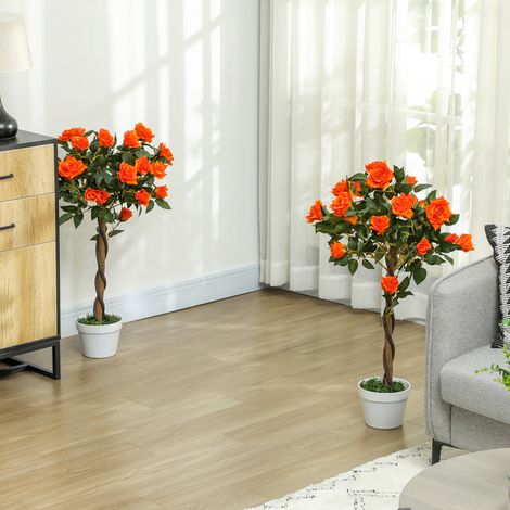 Plante Artificielle de Rose avec 21 Fleurs et Pot Rempli de Béton et de Mousse, Ø18x90 cm, Orange (1/5)