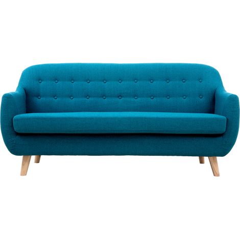 Divano scandinavo 3 posti sfoderabile blu anatra e legno YNOK