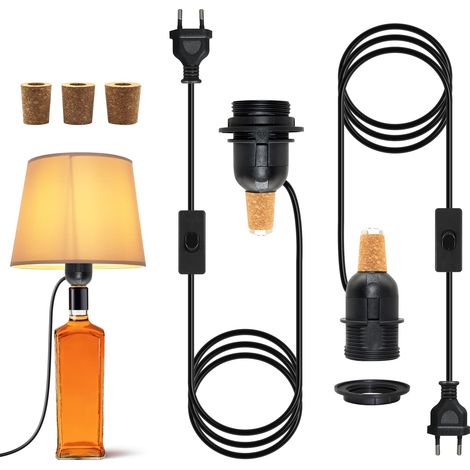 Douille E27 avec Cable 2.4 m, Lot de 2 Kits Lampes de Bouteille, Adaptateur de Lampe E27 pour Lampe de Table, Support Ampoule E27, Peut Installer un Abat-jour, 3 Tailles de Bouchons (1/5)