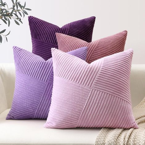 Lot de 4 Housse de Coussin 40x40 cm en Velours Côtelé, Housse Coussins Bohème Patchwork à Rayures Pinwheel Doux Taies d'oreiller Décoratives pour Lit Canapé Chambre Salon, Violet (1/5)