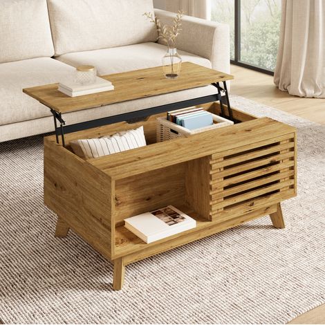 Tavolino da caffè 90 x 55 x 57,5 cm stile retrò moderno, piano sollevabile, anta scorrevole, MDF naturale per soggiorno (1/5)