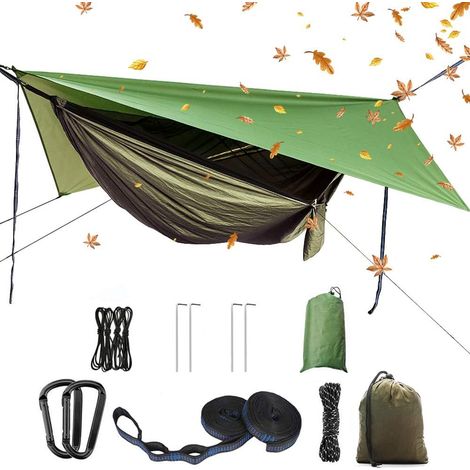 Tragbare Camping-Hängematte, Einzel- oder Doppelhängematte, Moskitonetz, Regenschutzzelt, Hängebett aus hochfestem Fallschirmgewebe. Geeignet für Outdoor-Aktivitäten, Camping und Reisen.