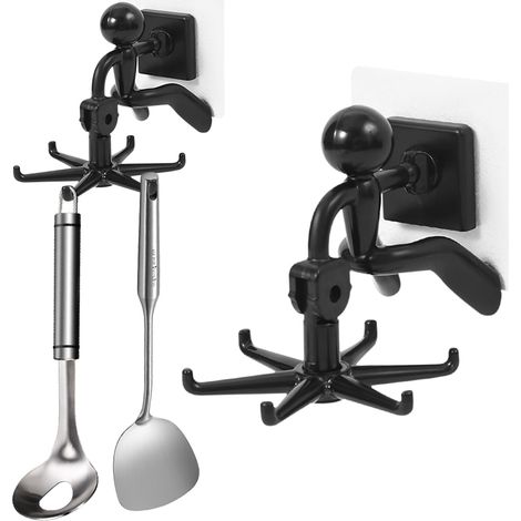 Support Ustensiles Cuisine 2 Pièces - Rack Organisateur Rotatif 360° avec 6 Crochets Auto-Adhésif - Sans Perçage pour Cuisine & Salle de Bain (Noir) (1/5)