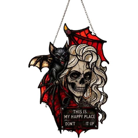 Décorations de cour d'Halloween gothique chauve-souris aile rouge 2D en acrylique avec crâne Panneau de bienvenue pour extérieur, maison, porche, jardin, intérieur, extérieur, bibliothèque, pelouse,
