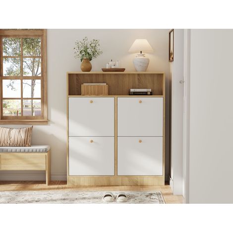 Mobile per scarpe con 4 ante ribaltabili e nicchie aperte, in naturale e bianco, 90x24x104,5 cm