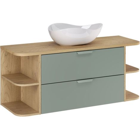 Conjunto OSTER 120cm: muebles bajo lavabo con cajones en verde salvia y nichos visibles + encimera para lavabo + lavabo sobre encimera blanco