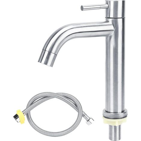 Robinet de salle de bain à bec courbé et finition brossée, robinet d'eau froide en acier inoxydable, mitigeur à levier unique avec flexible, adapté aux éviers et lavabos. (1/5)