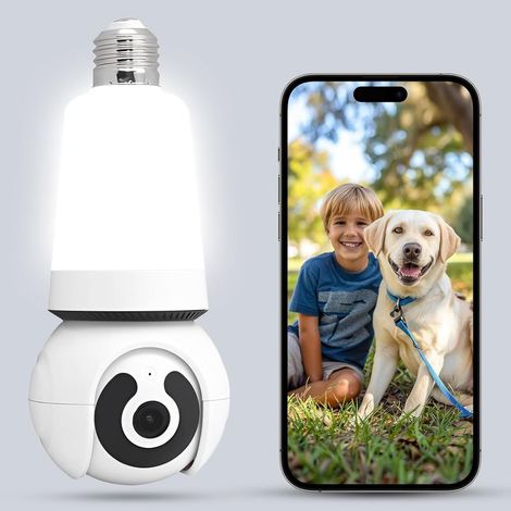 Sicherheitskamera mit Glühbirne, 2K/3MP drahtlose Außenkamera, 2,4 GHz WLAN E27 LED-Kamera für die Heimüberwachung, 24/7-Aufnahme, Bewegungserkennung und Alarm (E27 LED) (1/5)
