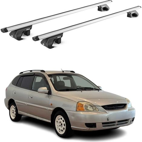OMAC Dachträger Aluminium TÜV geprüft für Kia Rio I Kombi 2000-2005 – Für Standard Dachreling – T Nut – Max 90 kg – 2 Schlösser Silber (1/5)