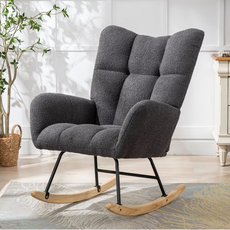 Fauteuil à bascule 64x77x90 cm en tissu peluche gris, facile à monter pour salon FloraGrace (1/5)
