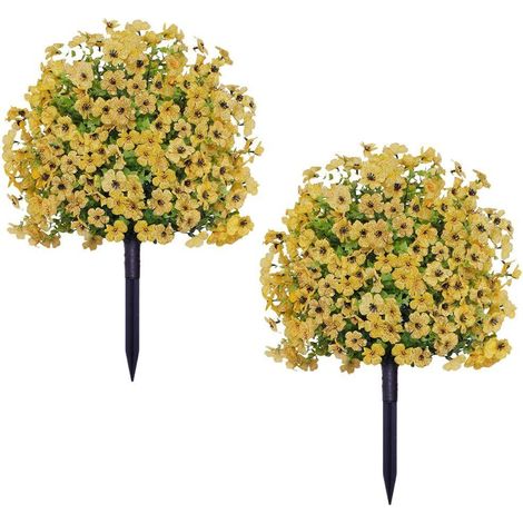 2er-Pack künstliche Blumen mit Erdspieß, 60 x 40 cm, wetterfeste künstliche Sträucher für die Außendekoration, UV-beständige Balkonpflanzen aus Kunststoff für Balkon, Haustür, Garten, Hof, gelb