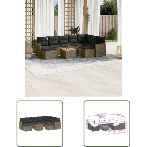 The Living Store 10-tlg. Garten-Sofagarnitur mit Kissen Grau Poly Rattan - Gartenmöbel Set - Esszimmergarnitur - Outdoor Möbel - Lounge Garnitur - Rattan Sofa (1/3)