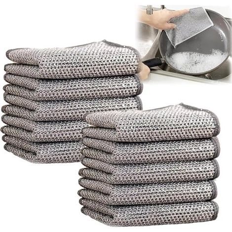 Confezione da 10 panni in acciaio a doppio strato, multifunzionali, adatti sia per uso asciutto che bagnato, con design a doppio strato, ideali per pentole, padelle, fornelli e altri utensili da cucin (1/5)