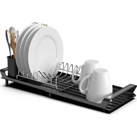 Escurridor de platos extensible de acero inoxidable con soporte para cubiertos - Negro, dimensiones 27,9 x 20 x 11 cm (1/5)